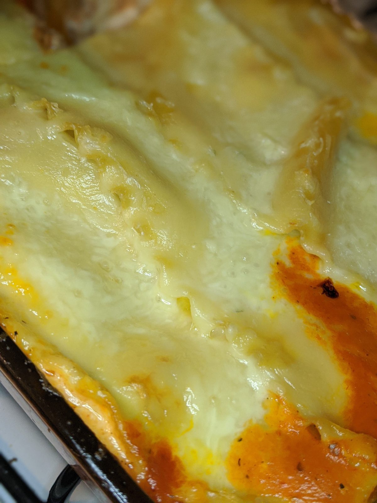 Bubbling baked cheese casserole straight from the oven