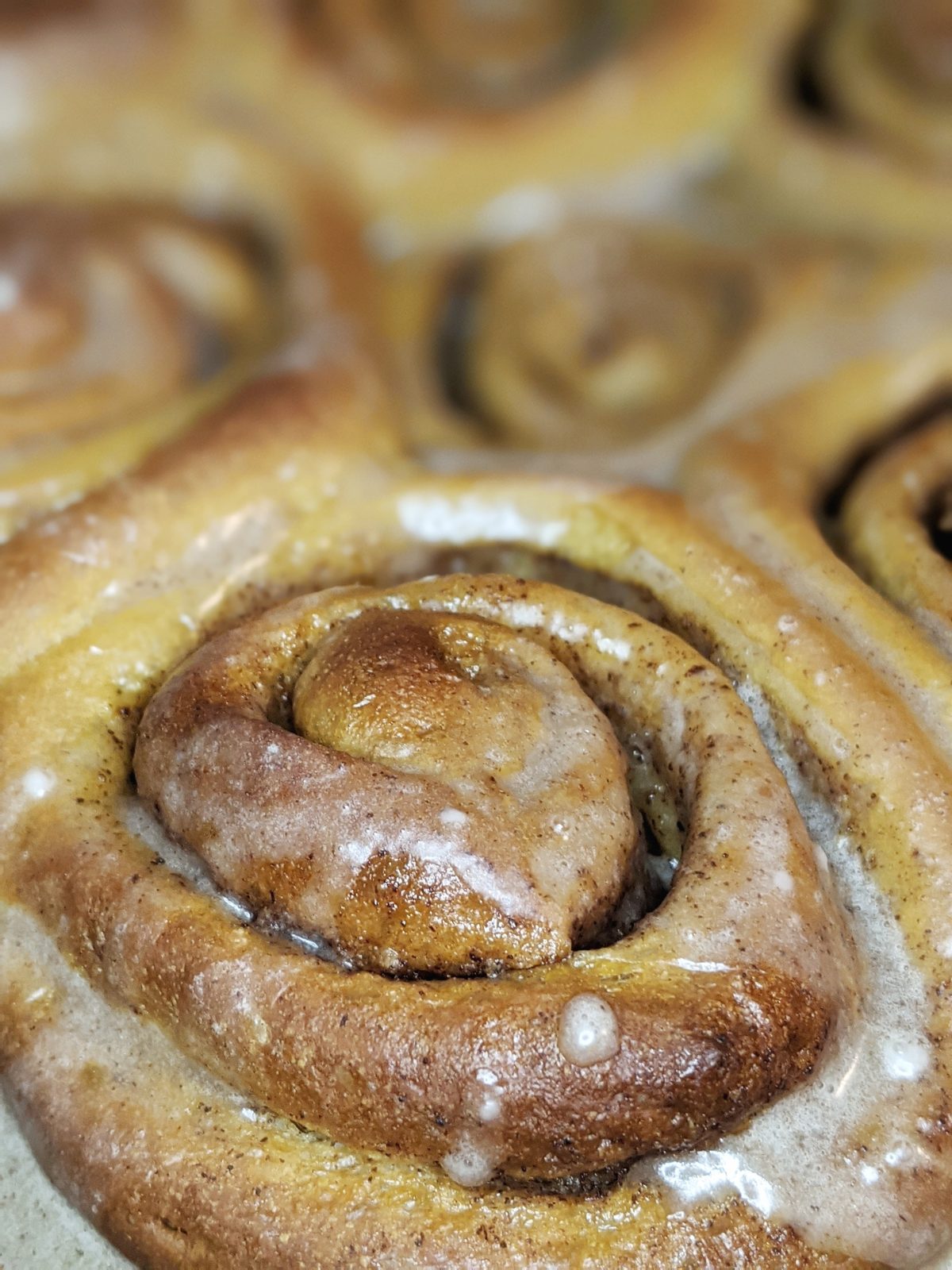 Tray of glazed cinnamon rolls fresh from the oven