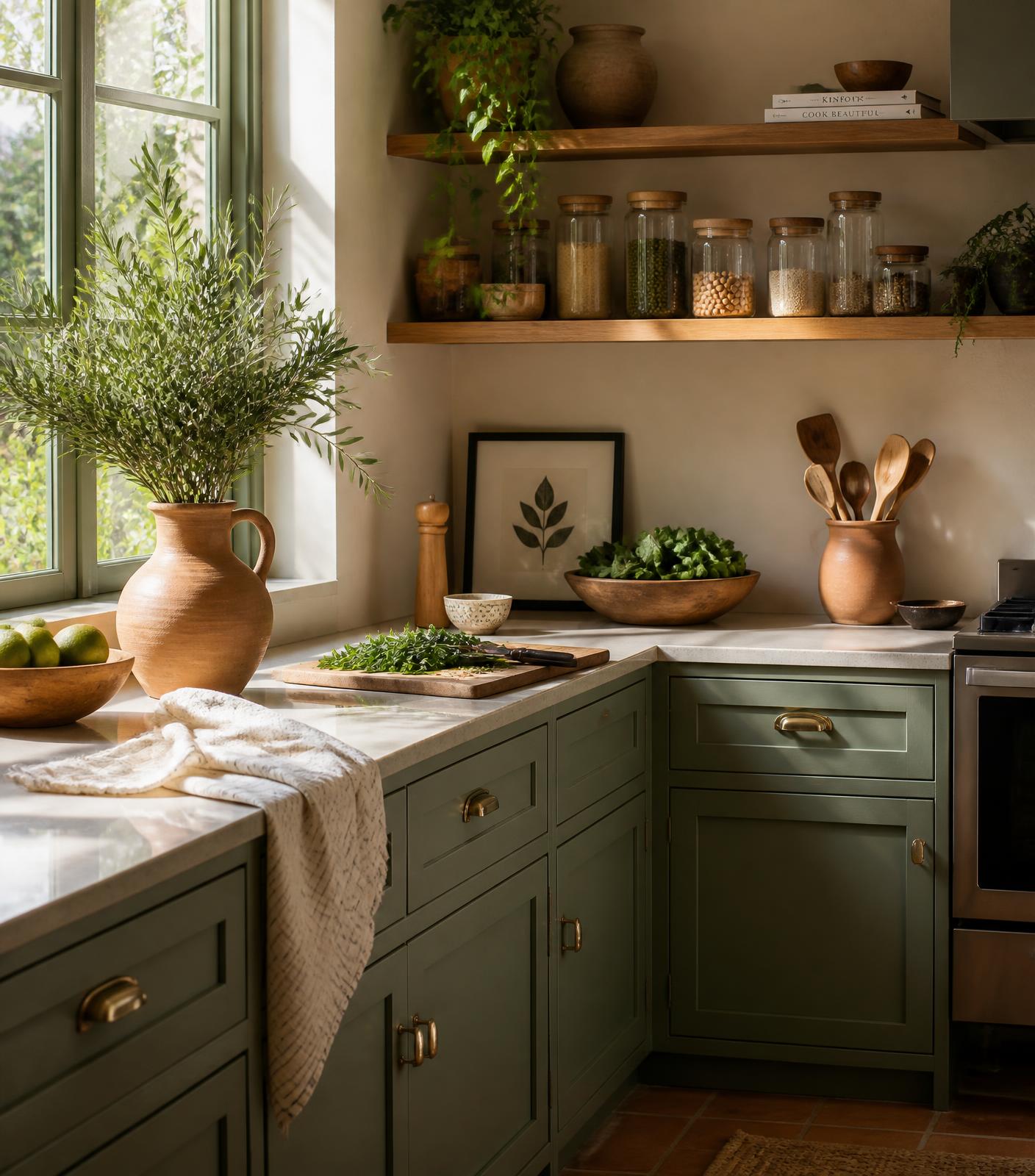 Sunlit kitchen shelves with fresh herbs, jars of spices and pottery