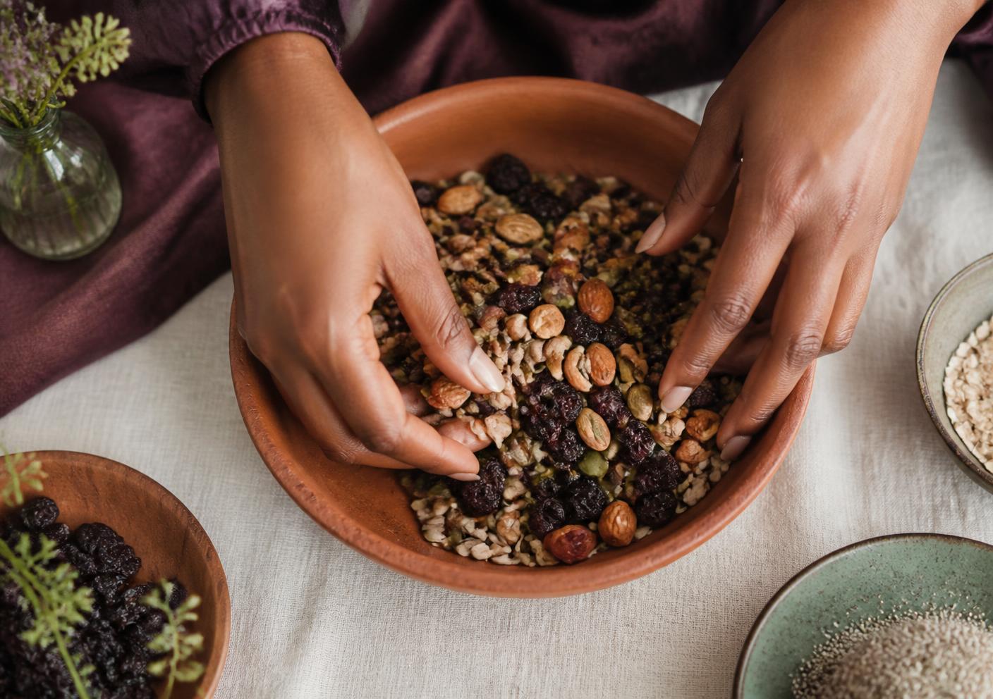 Hands mixing nuts, seeds and dried fruit in a clay bowl